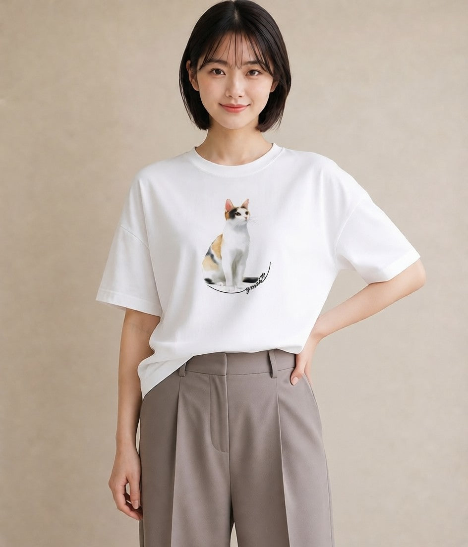 Tシャツ レディース 猫 ねこ イラスト ガーリー ペアコーデ 秋コーデ 白T YMAZO