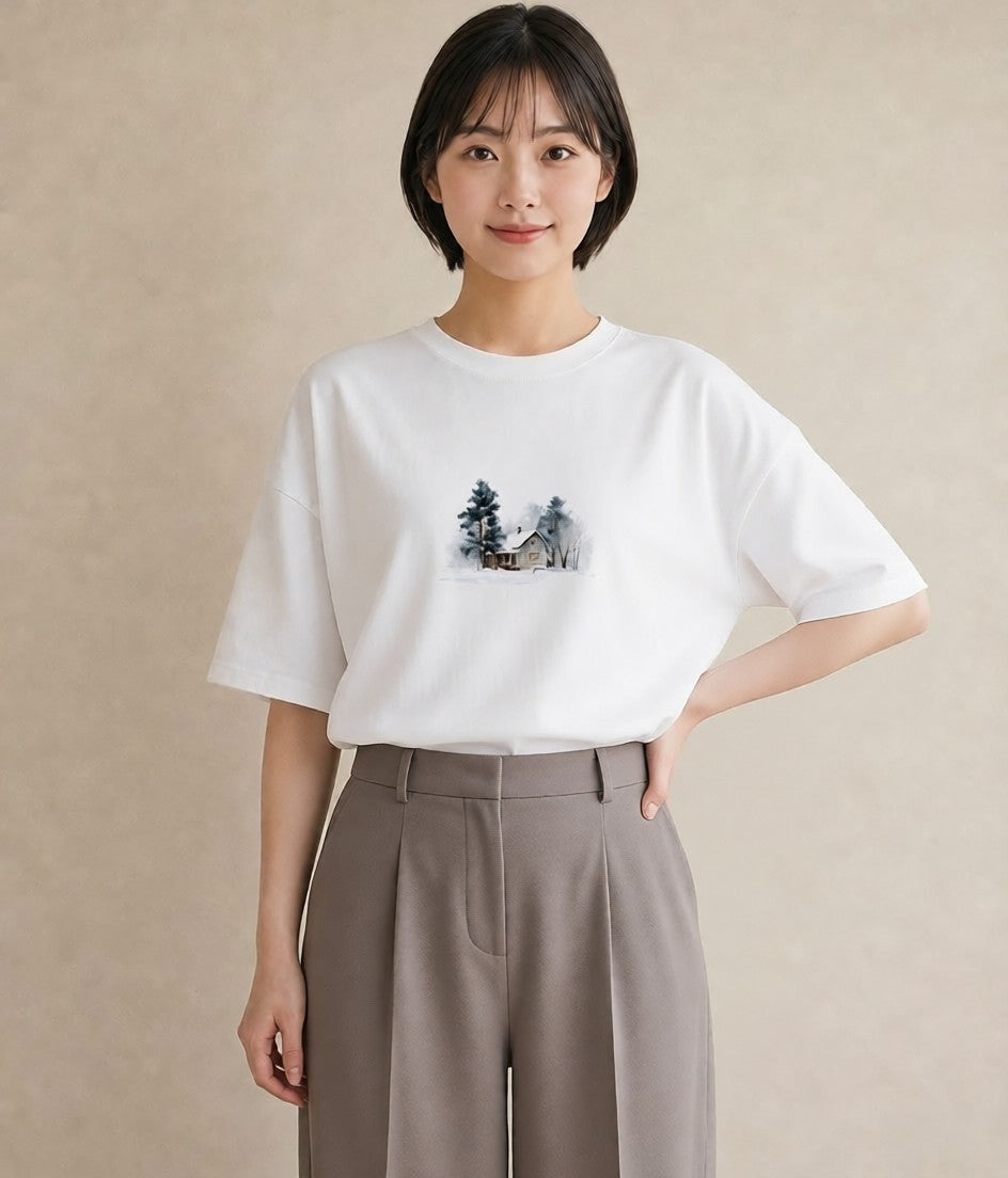 プリントTシャツ レディース 灯りの家 小屋 夜 ナチュラル アンティーク イラスト カフェコーデ クリスマス 旅行 白T YMAZO