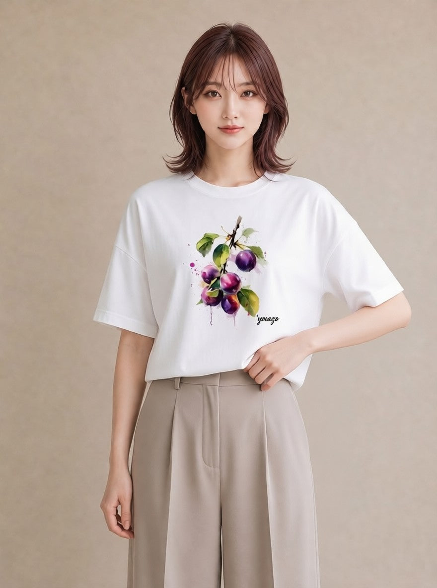 グラフィックTシャツ レディース ぶどう 葡萄 食べ物 フード イラスト 上品 旅行 母娘コーデ 白T YMAZO