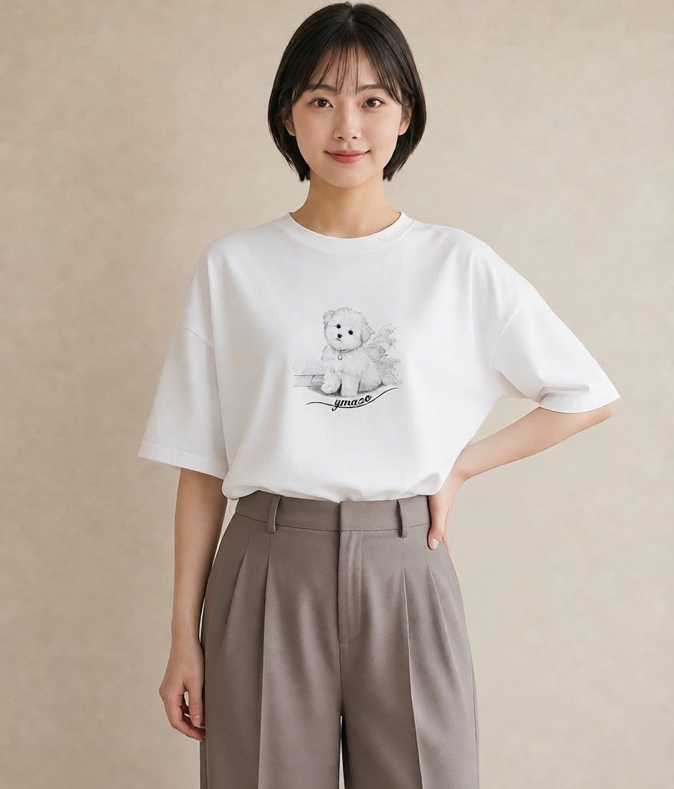 グラフィックTシャツ レディース マルチーズ 犬 いぬ イラスト レトロ デート 帰省 白T YMAZO