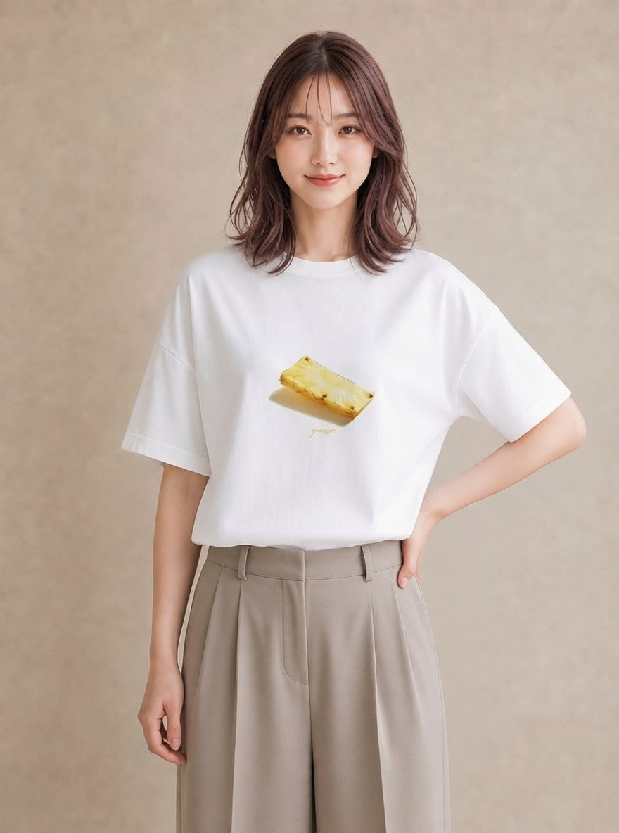 プリントTシャツ レディース パイナップル 食べ物 フード イラスト 手描き風 親子 20代 白T YMAZO