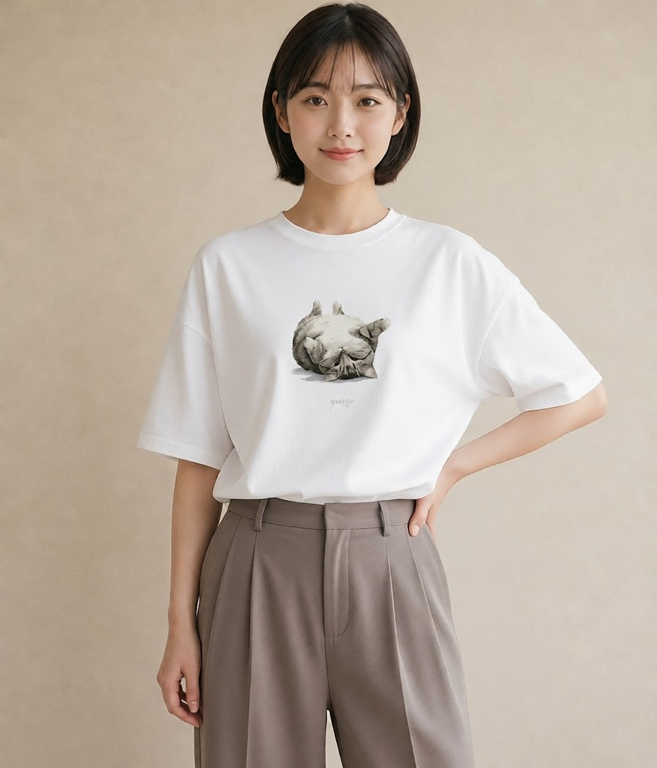 プリントTシャツ レディース キジトラ 猫 ねこ イラスト お洒落 お出かけ 普段着 白T YMAZO