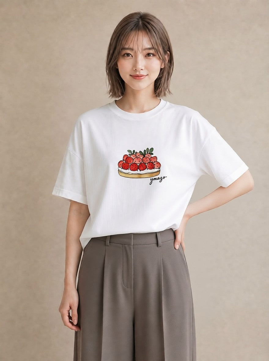 半袖Tシャツ レディース どら焼き 食べ物 フード イラスト レトロ 普段着 週末コーデ 白T YMAZO