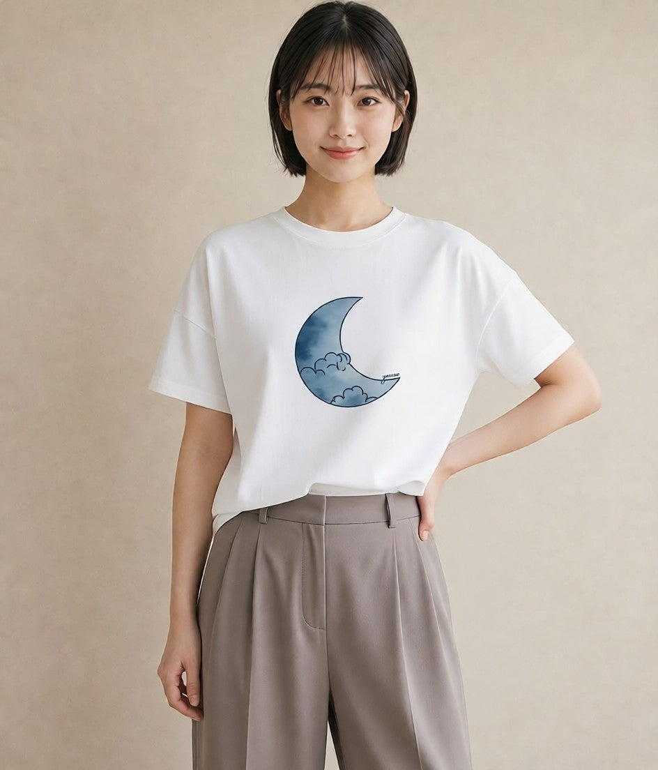 プリントTシャツ レディース 満月 星空 宇宙 イラスト ゆるコーデ 友達ギフト 部屋着 白T YMAZO