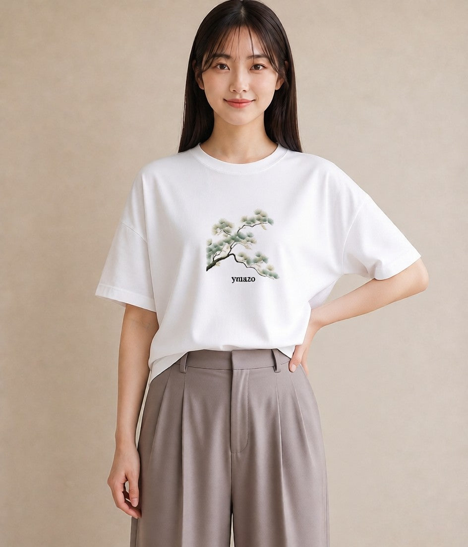 半袖Tシャツ レディース 盆栽 植物 ボタニカル イラスト 部屋着 女性向けギフト 白T YMAZO