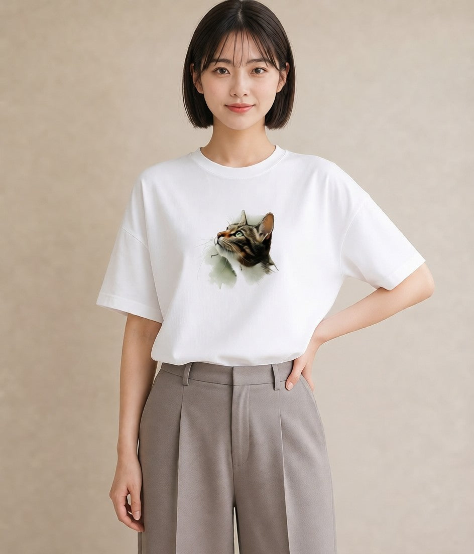 プリントTシャツ レディース 猫 ねこ イラスト 上品 おしゃれギフト 社会人 白T YMAZO