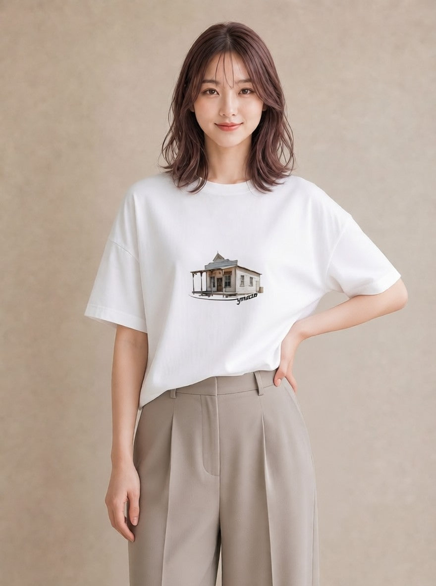 プリントTシャツ レディース 駅のホーム ローカル線 駅 ナチュラル アンティーク イラスト ラフカジュアル カフェ服 クリスマス 白T YMAZO