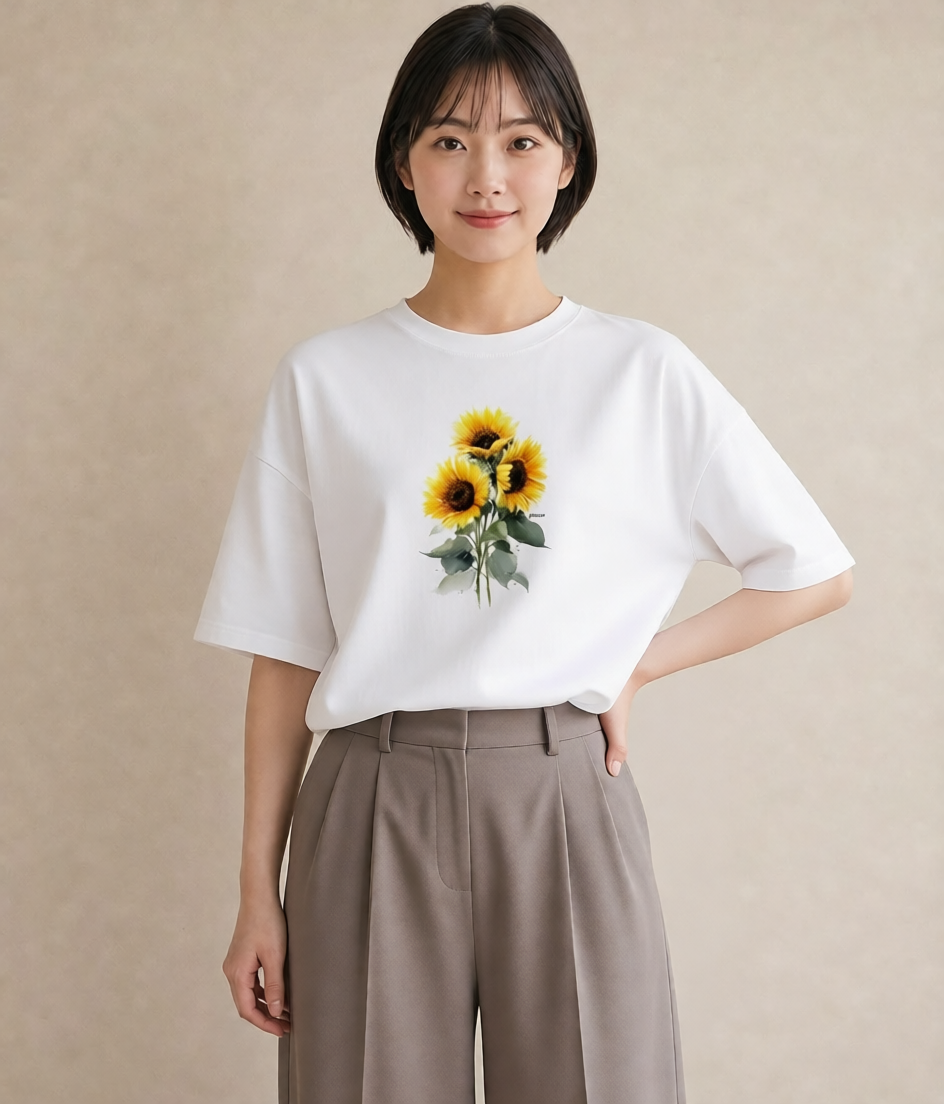 デザインTシャツ レディース ひまわり 向日葵 花 花柄 イラスト こなれ感 秋コーデ おしゃれギフト 白T