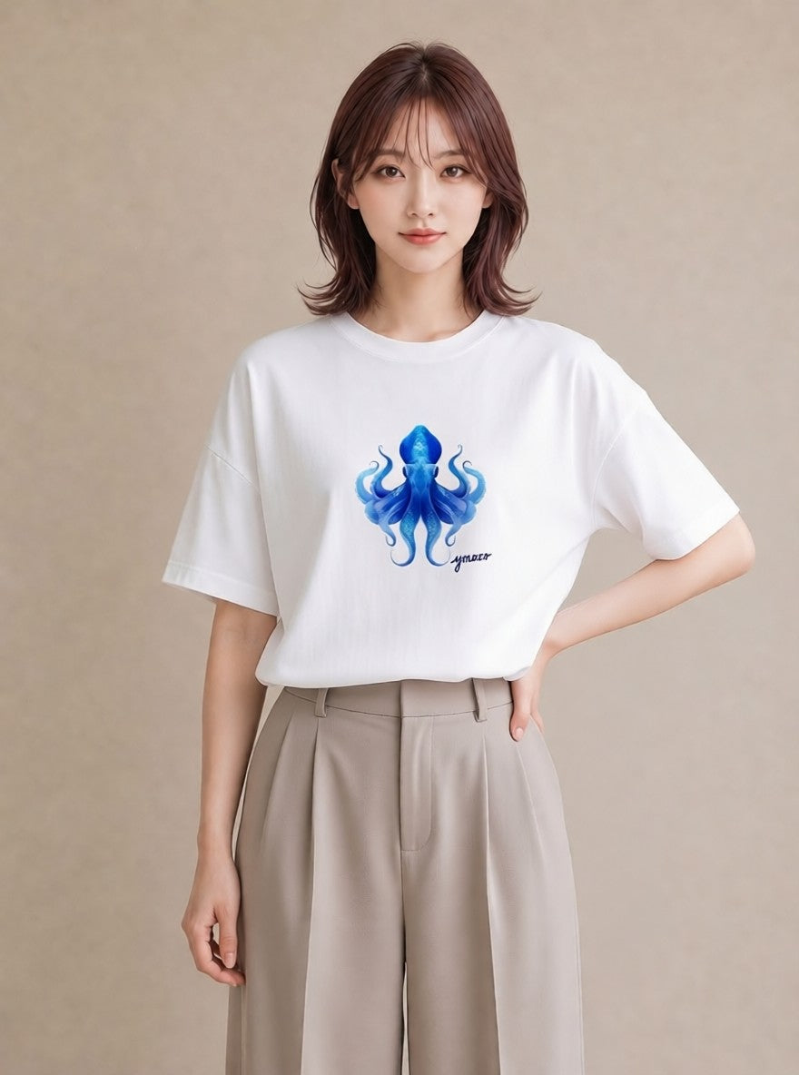 グラフィックTシャツ レディース イカ 海の生き物 海 イラスト ニュアンス カフェ服 クリスマス 白T YMAZO