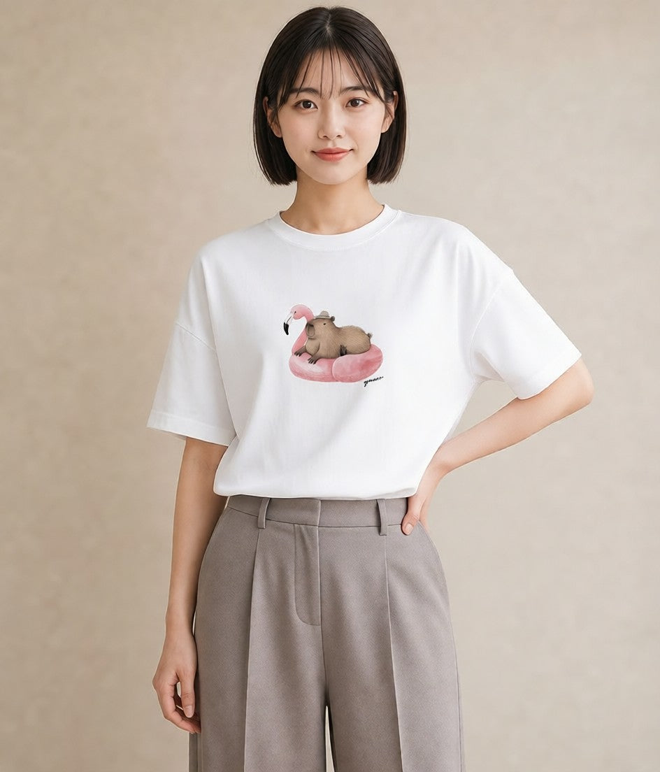 半袖Tシャツ レディース カピバラ かぴばら 動物 アニマル イラスト ニュアンス 親子 20代 白T YMAZO
