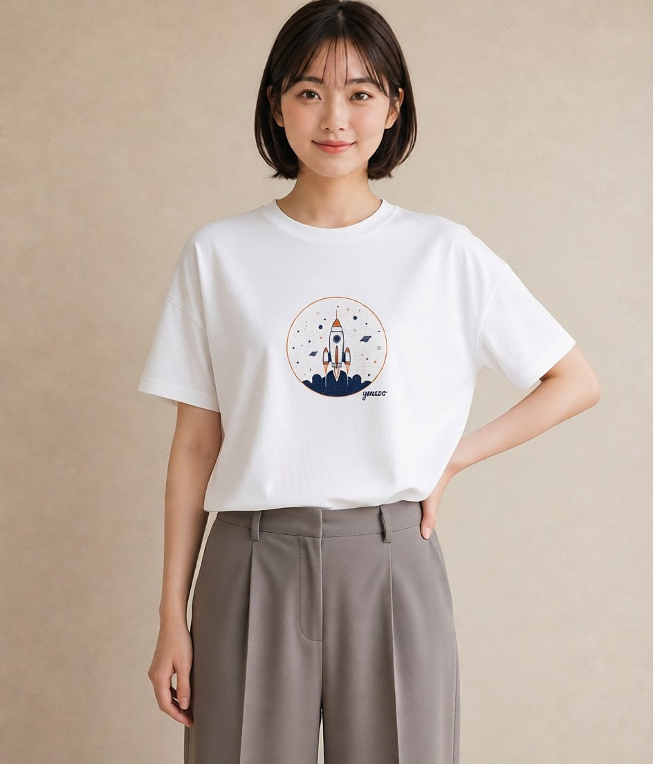 半袖Tシャツ レディース ロケット 星空 宇宙 イラスト ガーリー 買い物 夏コーデ 白T YMAZO