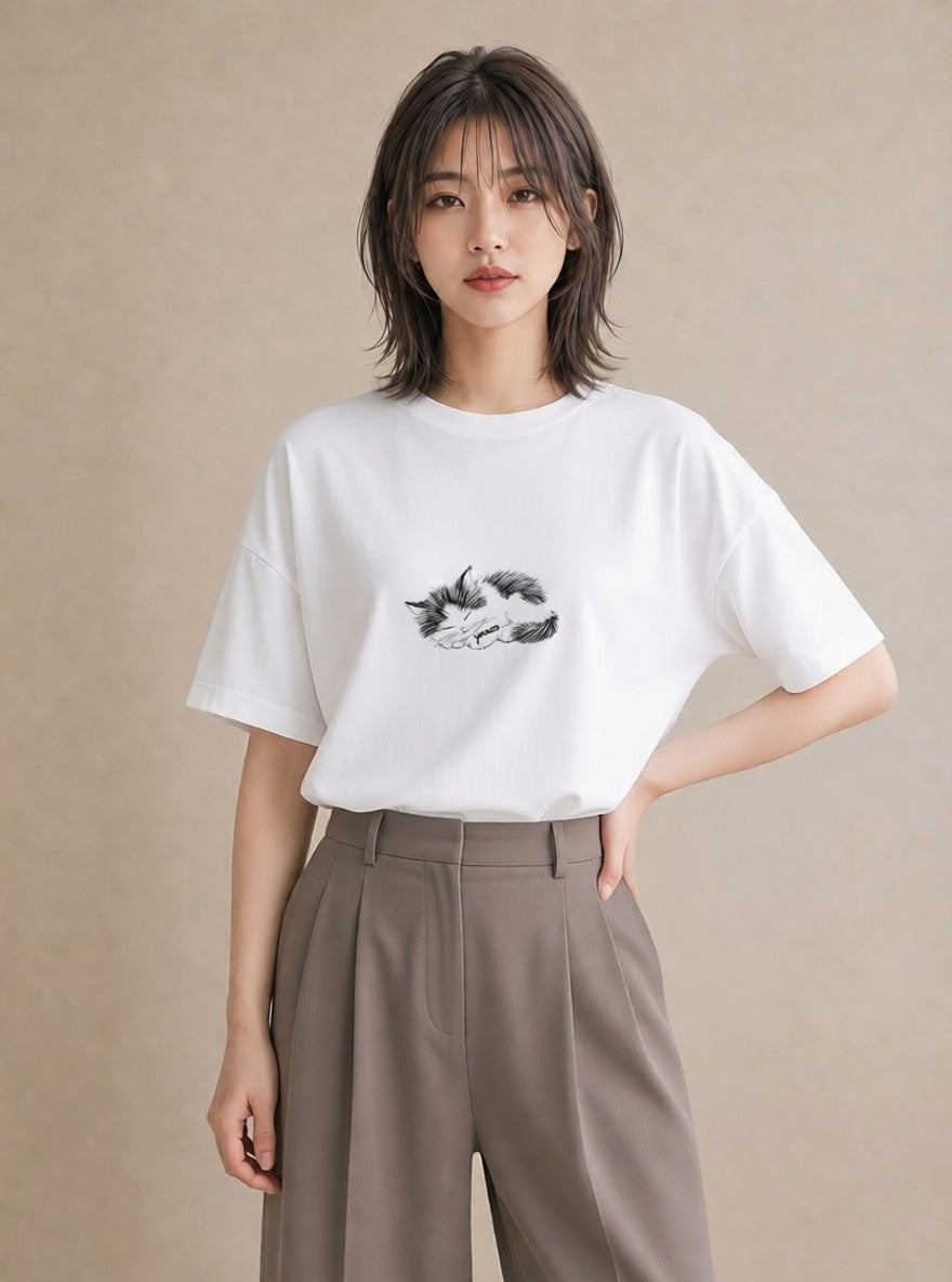 半袖Tシャツ レディース 猫 ねこ ネコ イラスト 女子会 お揃い 白T YMAZO