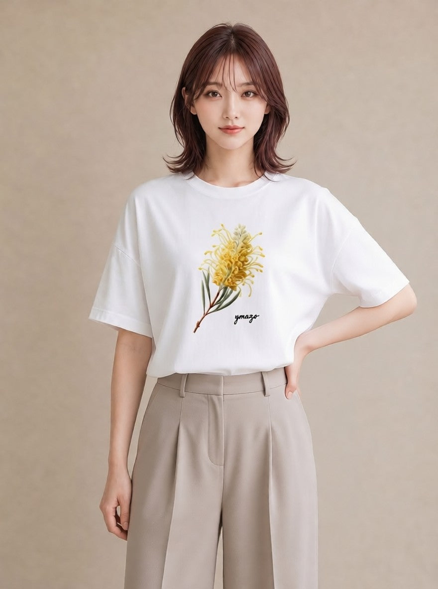 デザインTシャツ レディース ミモザ 花 花柄 イラスト デート 帰省 白T YMAZO
