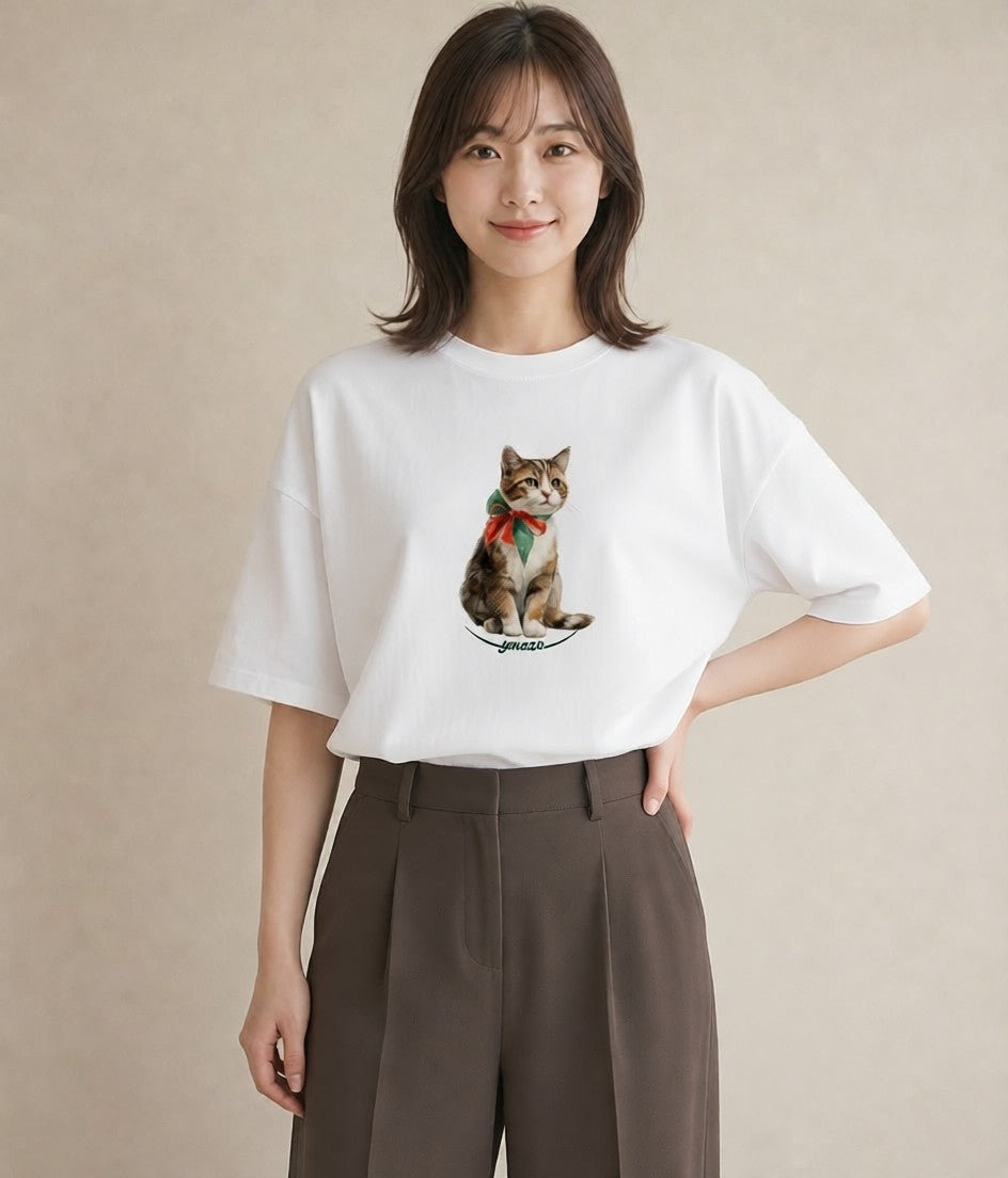 デザインTシャツ レディース サビ猫 猫 ねこ イラスト 北欧風 普段着 週末コーデ 白T YMAZO