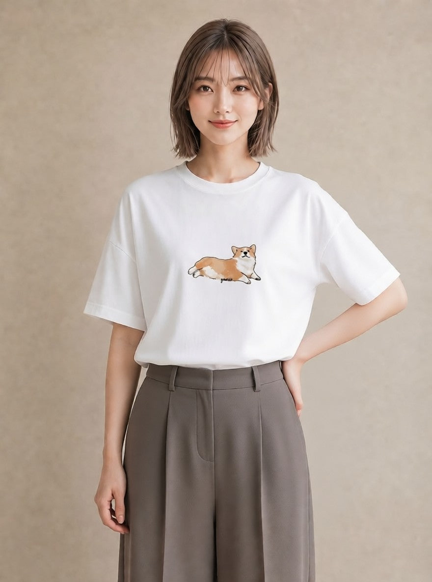 デザインTシャツ レディース ウェルシュコーギー コーギー 犬 いぬ イラスト 水彩風 在宅 公園 白T YMAZO