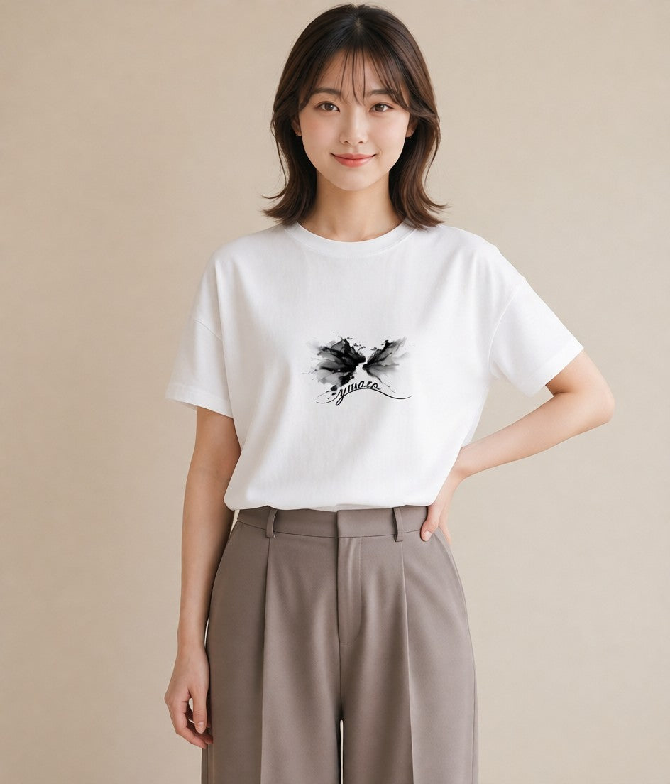 Tシャツ レディース 小川 橋 せせらぎ ナチュラル アンティーク イラスト きれいめカジュアル 在宅 公園 白T YMAZO