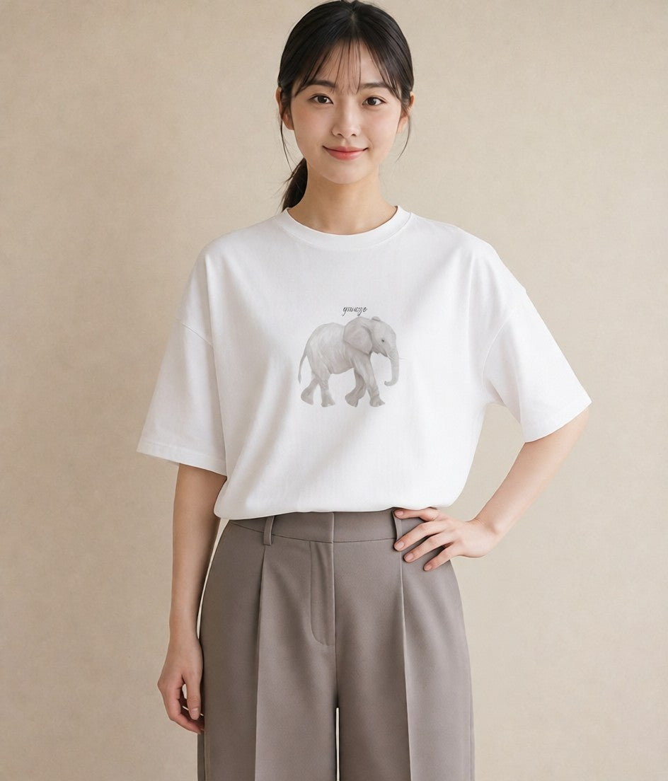 Tシャツ レディース ぞう 動物 アニマル イラスト ミニマル 通勤 在宅 白T YMAZO