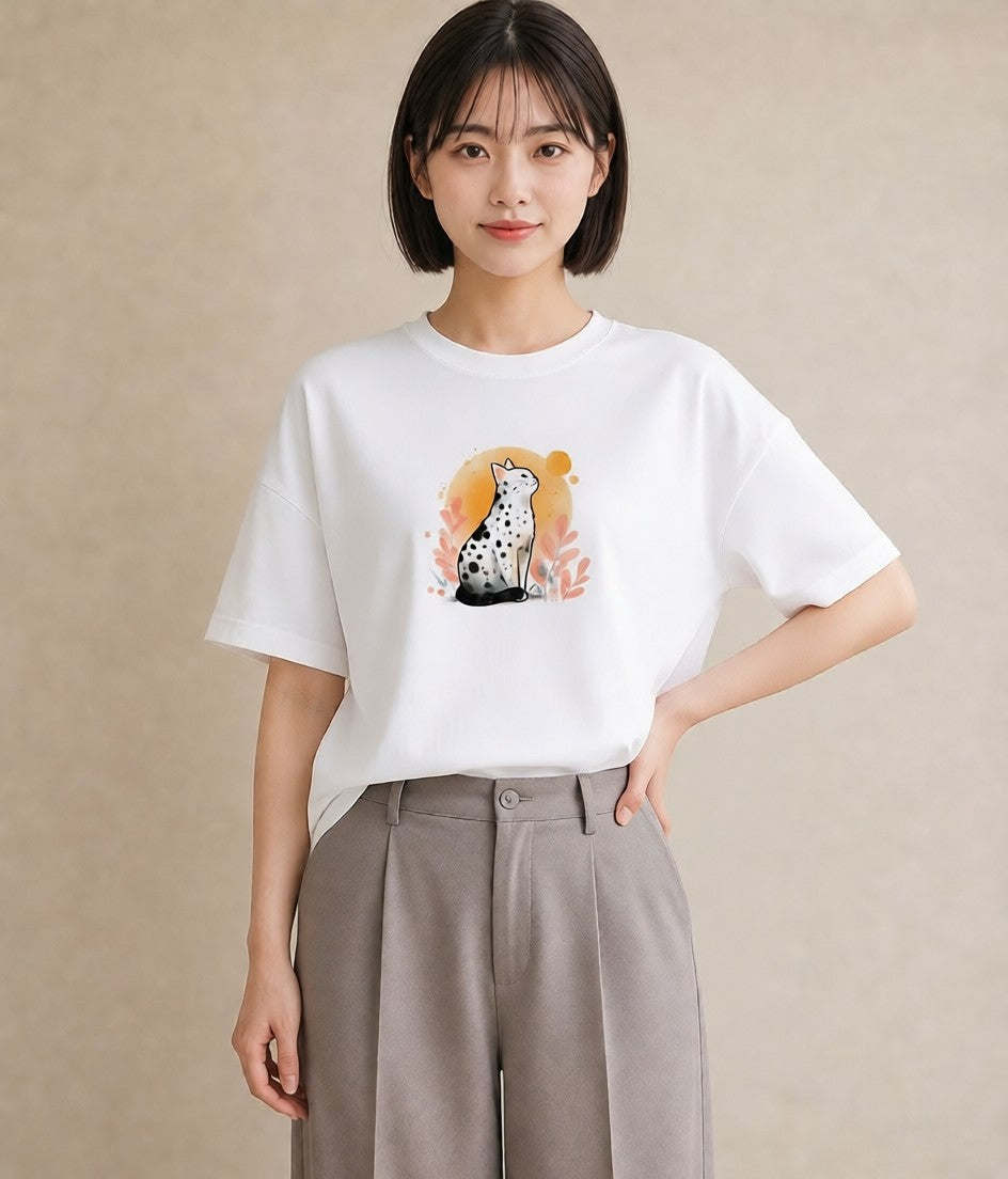 グラフィックTシャツ レディース おすわり猫 猫 ねこ イラスト カジュアル ラフ レイヤード 白T YMAZO