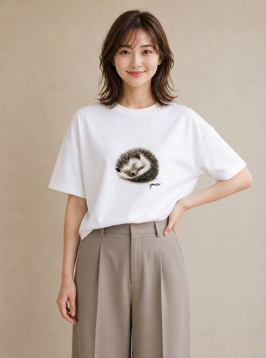 プリントTシャツ レディース ハリネズミ ペット 動物 イラスト カジュアル カジュアルコーデ 買い物 白T YMAZO