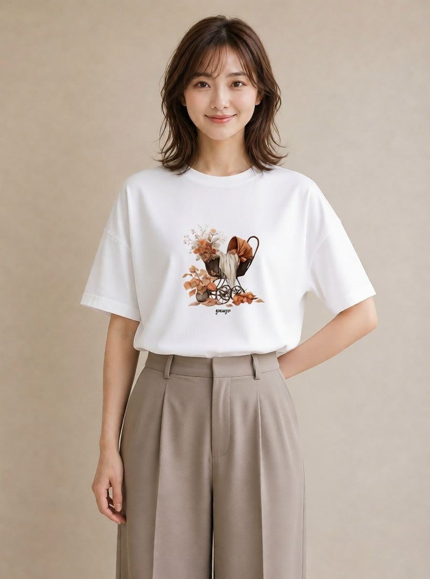 グラフィックTシャツ レディース 自転車のかご 自転車 花かご ナチュラル アンティーク イラスト 上品 女性向けギフト 散歩 白T YMAZO