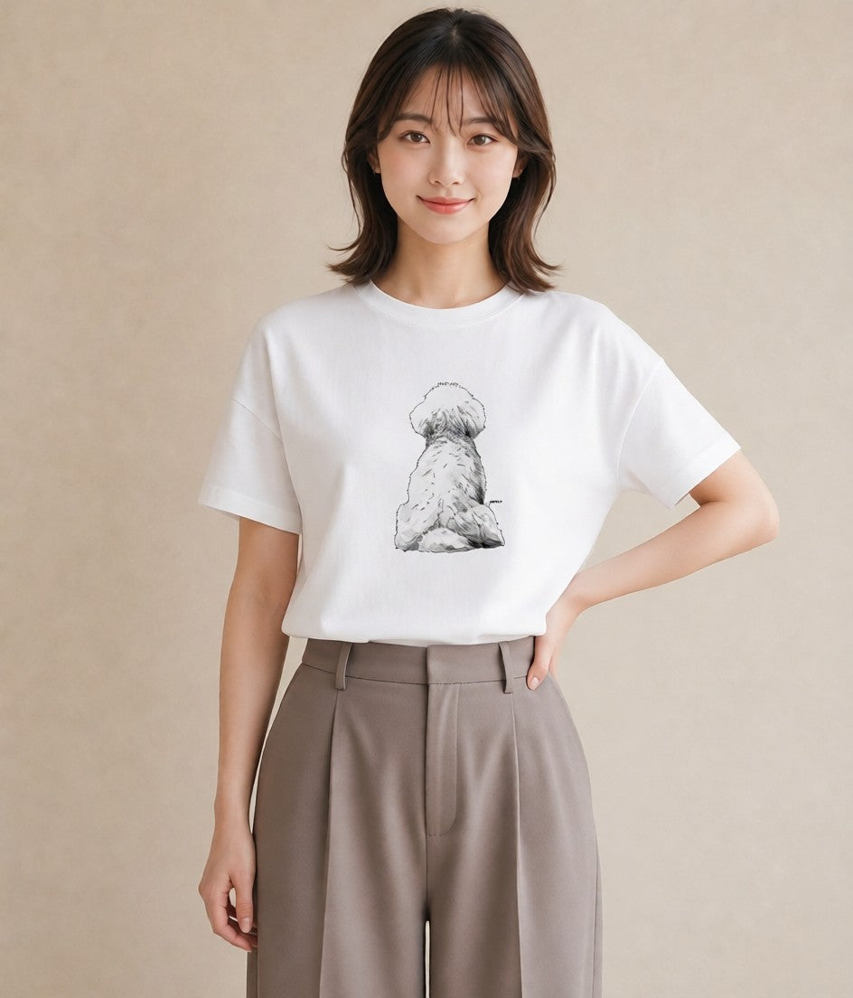 半袖Tシャツ レディース ビションフリーゼ 犬 いぬ イラスト ラフ カフェ巡り 女子会 白T YMAZO