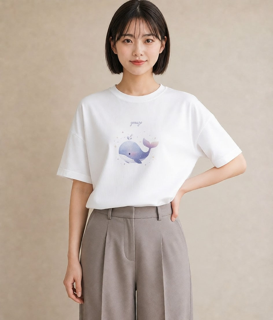 半袖Tシャツ レディース イルカ 海の生き物 海 イラスト 上品 ホワイトデー 春服 白T YMAZO