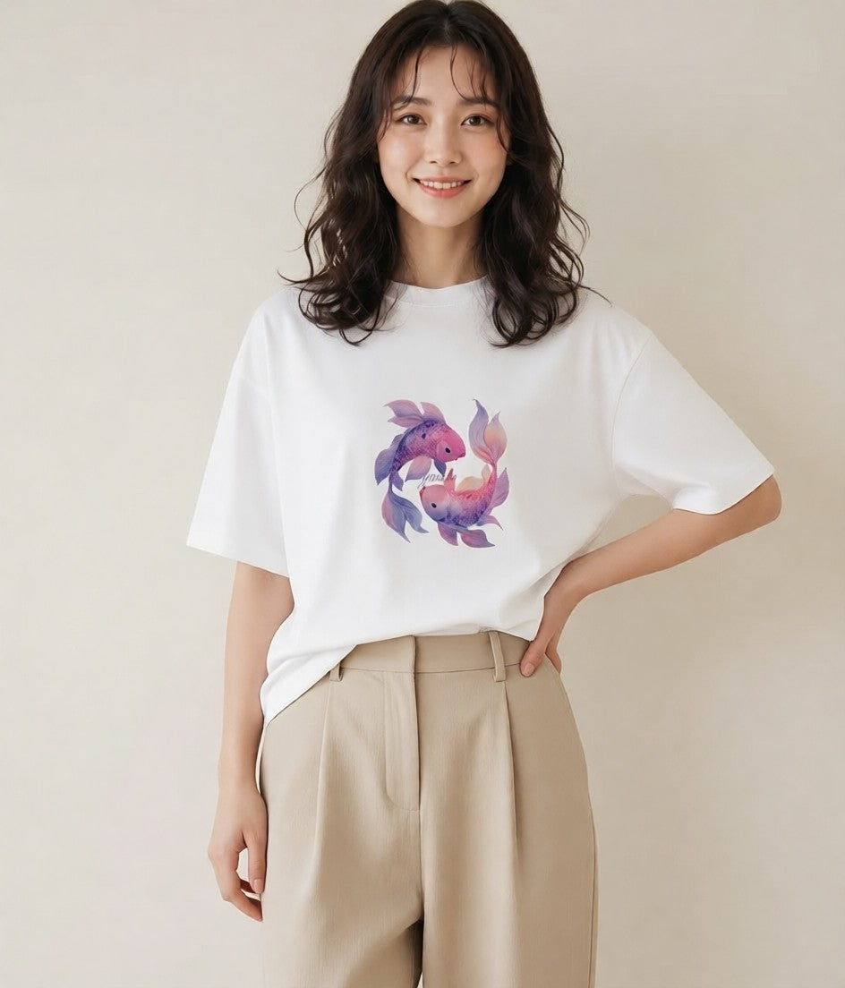 プリントTシャツ レディース 金魚 ペット 動物 イラスト アート風 ビーチ デイリーウェア 白T YMAZO