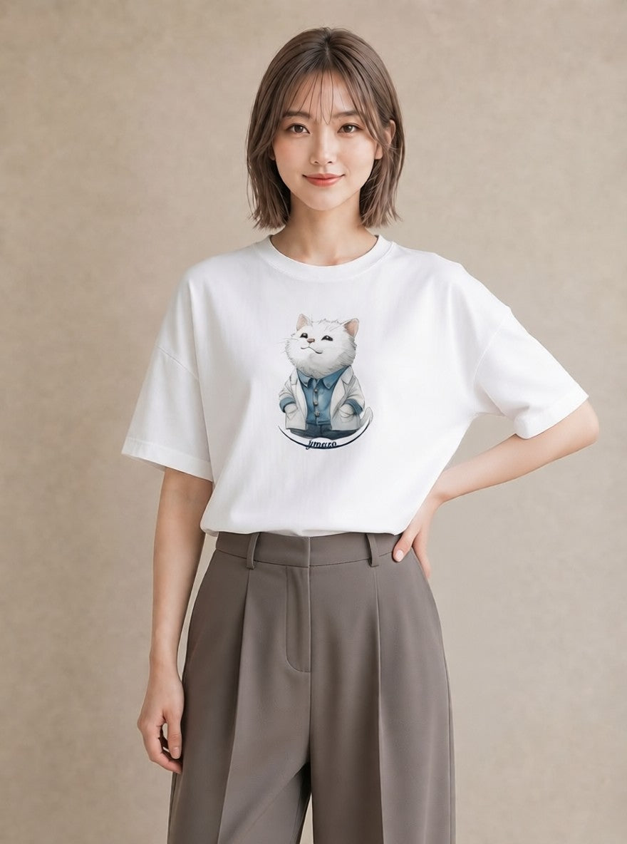 半袖Tシャツ レディース 猫 ねこ イラスト カジュアル 散歩 お出かけ 白T YMAZO