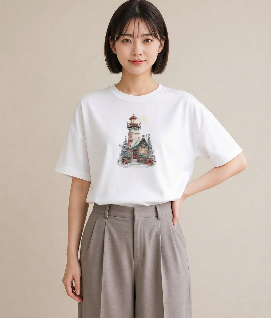 プリントTシャツ レディース 灯台 霧 海 ナチュラル アンティーク イラスト カジュアル 姉妹 送別ギフト 白T YMAZO