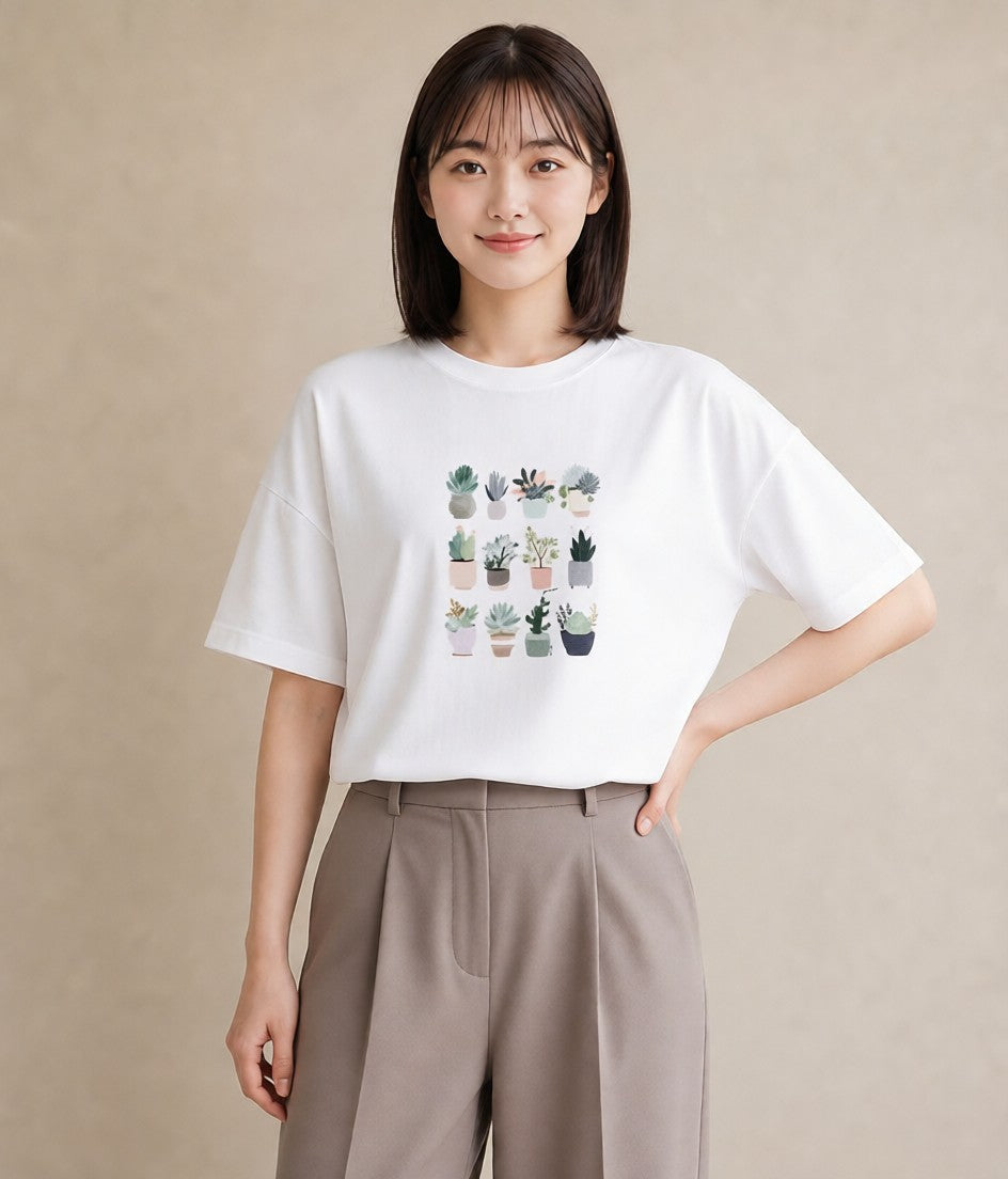 Tシャツ レディース 多肉植物 植物 ボタニカル イラスト きれいめカジュアル 自分用 ルームウェア 白T YMAZO