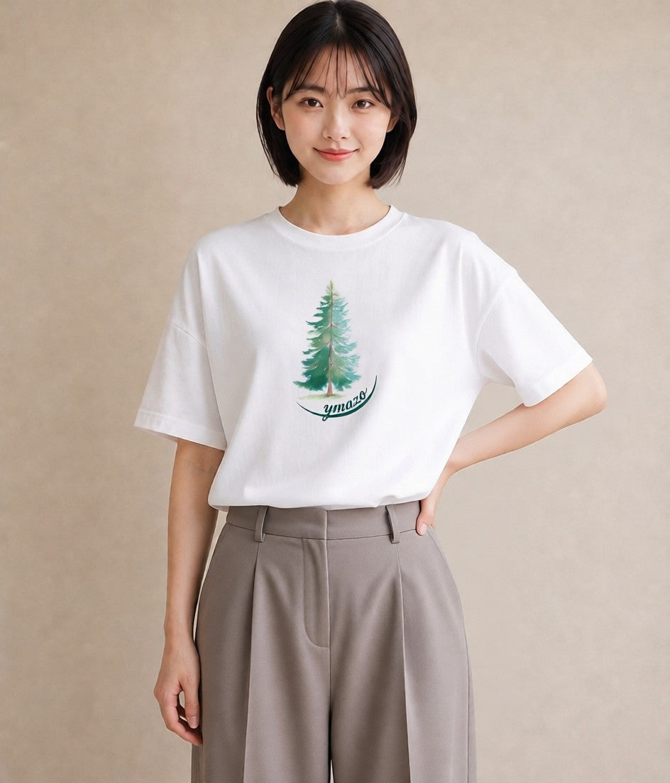 半袖Tシャツ レディース 青の水彩 風景 ブルー ナチュラル アンティーク イラスト きれいめカジュアル ラフ レイヤード 白T YMAZO