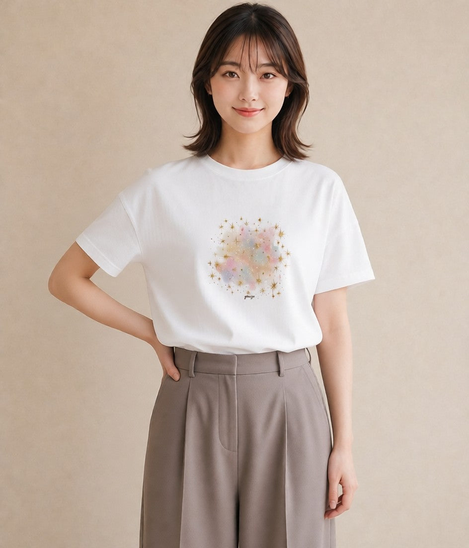 半袖Tシャツ レディース 星空 宇宙 イラスト 淡色 おしゃれギフト 社会人 白T YMAZO