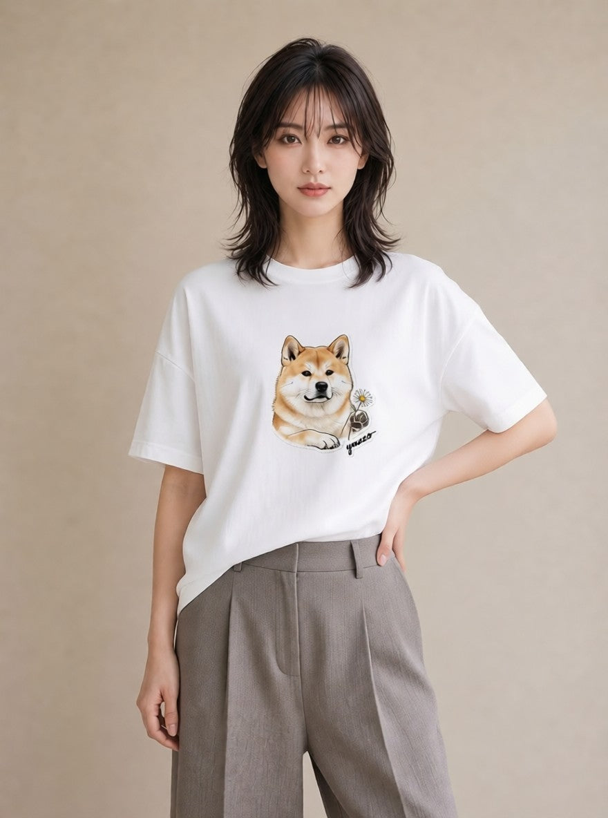 半袖Tシャツ レディース 秋田犬 犬 いぬ イラスト 可愛い 春服 ミセス 白T YMAZO
