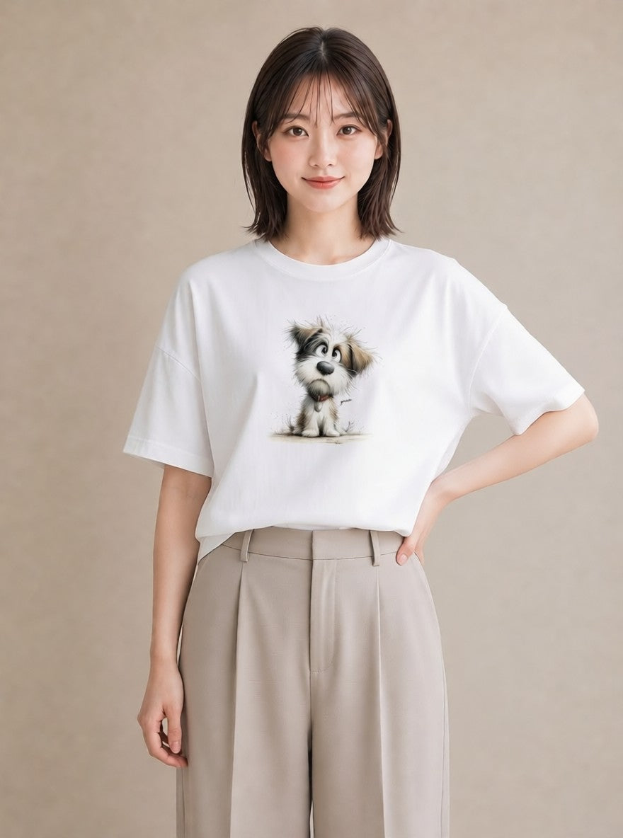 グラフィックTシャツ レディース わんちゃん 犬 いぬ イラスト 手描き風 海 カフェ巡り 白T YMAZO