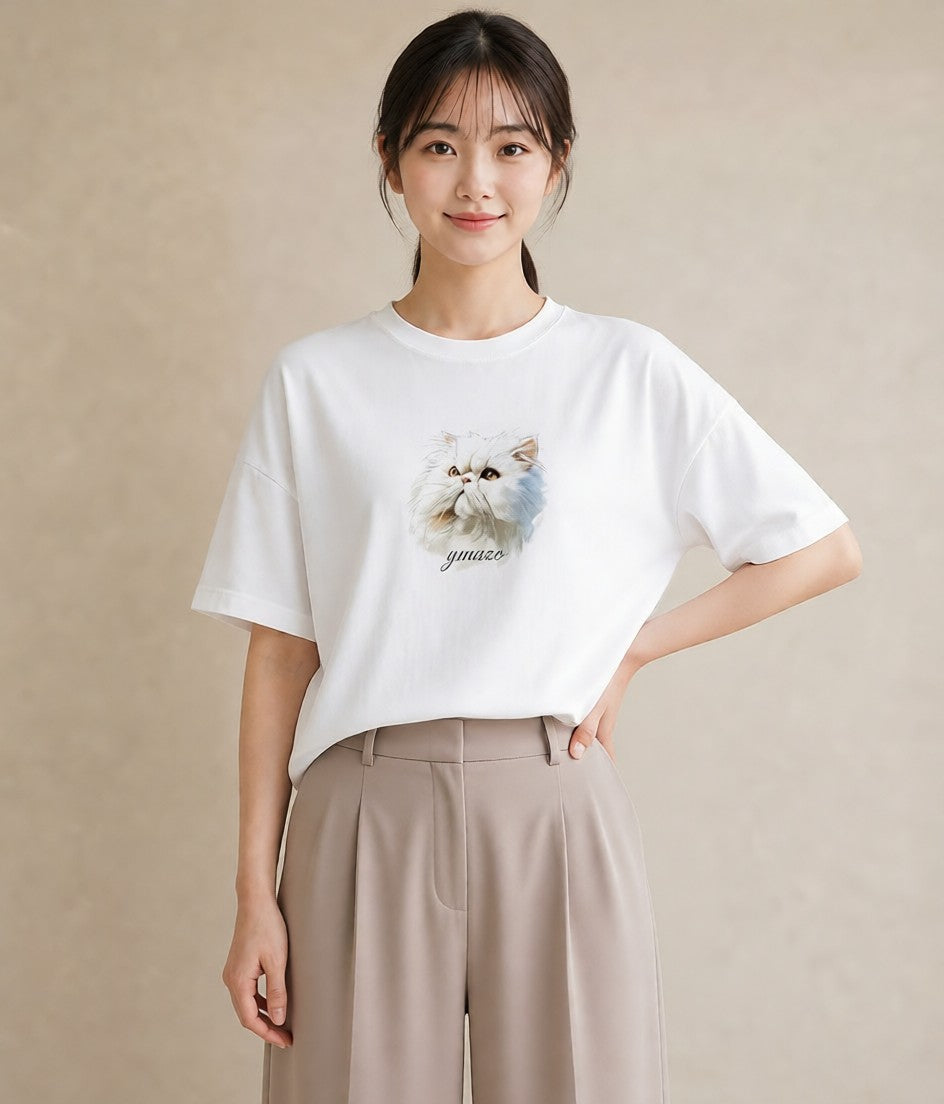 デザインTシャツ レディース メインクーン 猫 ねこ イラスト 普段使い 旅行 母娘コーデ 白T YMAZO