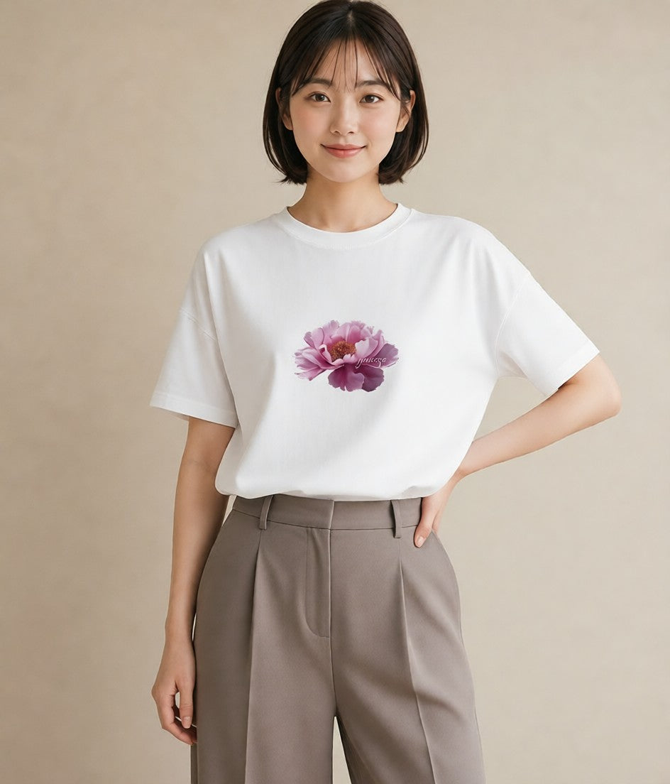 半袖Tシャツ レディース 牡丹 花 花柄 イラスト お洒落 デイリーウェア 休日 白T YMAZO