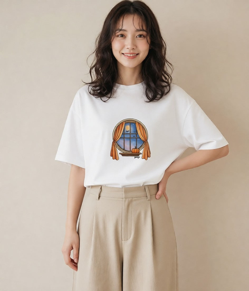 プリントTシャツ レディース 灯りの家 小屋 夜 ナチュラル アンティーク イラスト 休日コーデ クリスマス 旅行 白T YMAZO