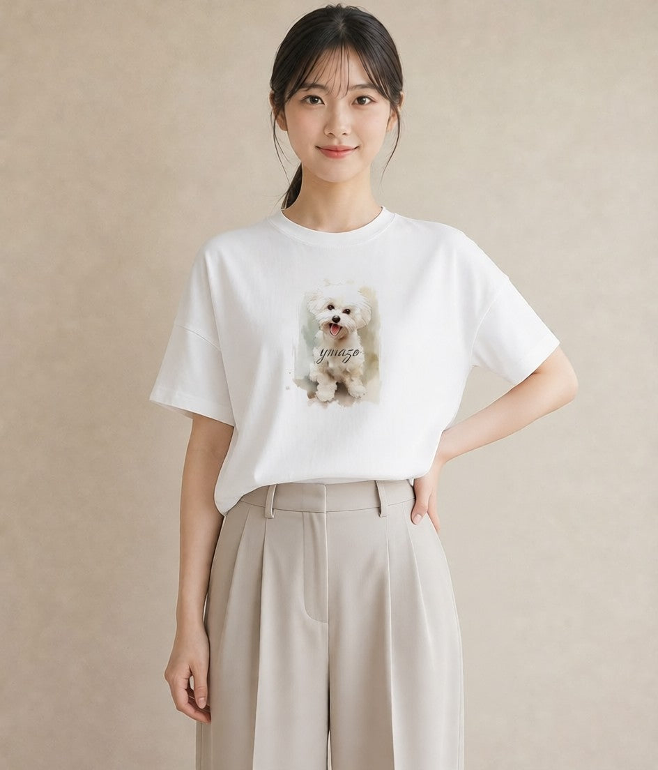 半袖Tシャツ レディース ビションフリーゼ 犬 いぬ イラスト 水彩風 公園 ママ 白T YMAZO