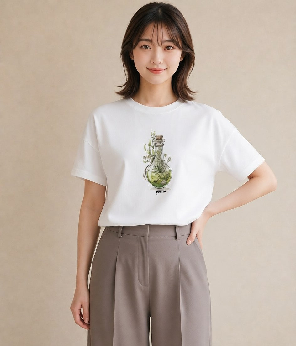 グラフィックTシャツ レディース ガラス瓶 小枝 ボタニカル ナチュラル アンティーク イラスト 休日 ペアコーデ 白T YMAZO
