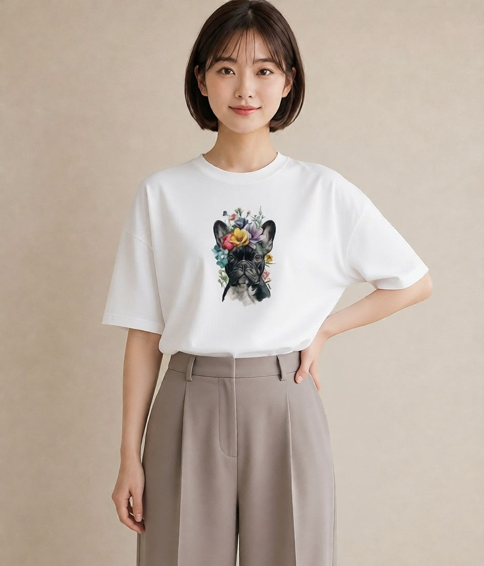 デザインTシャツ レディース フレンチブルドッグ フレブル 犬 いぬ イラスト カフェ服 クリスマス 白T YMAZO