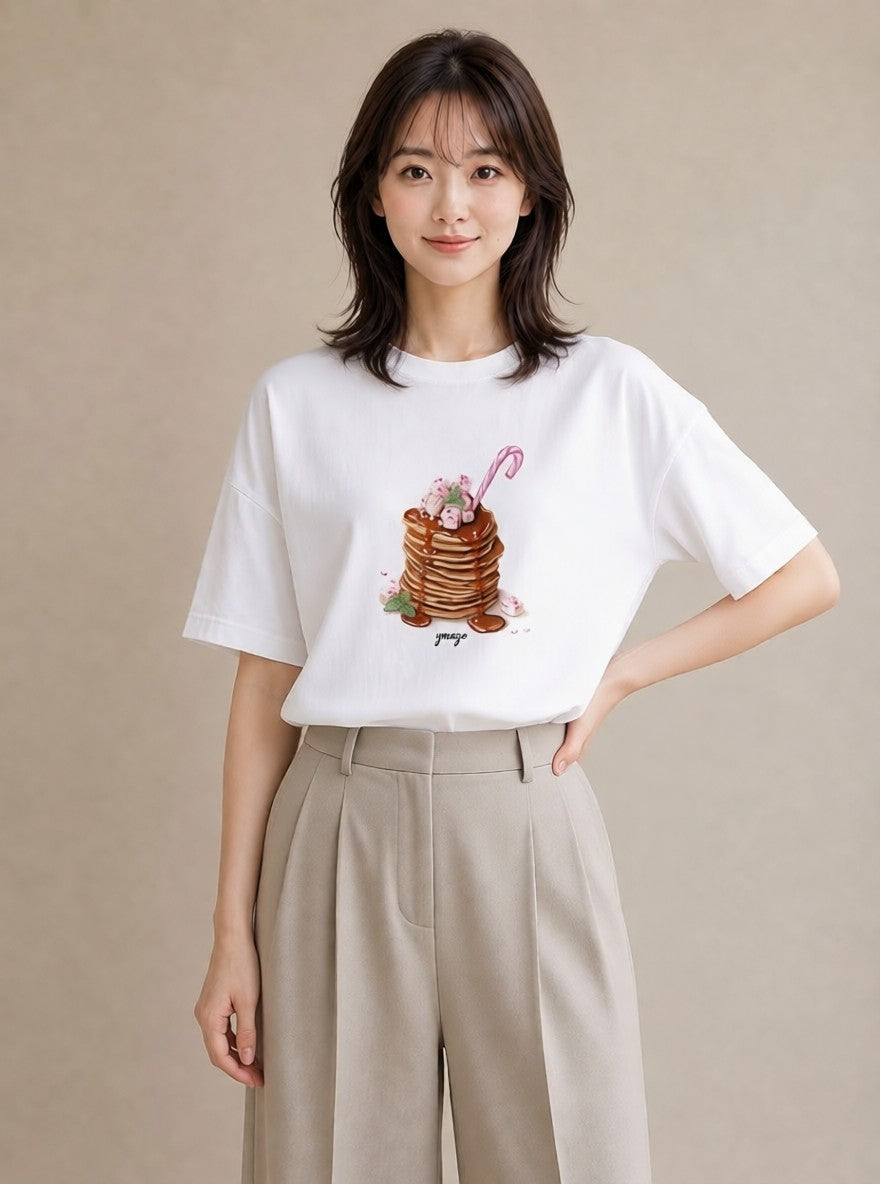半袖Tシャツ レディース あんみつ 食べ物 フード イラスト ポップ 買い物 夏コーデ 白T YMAZO