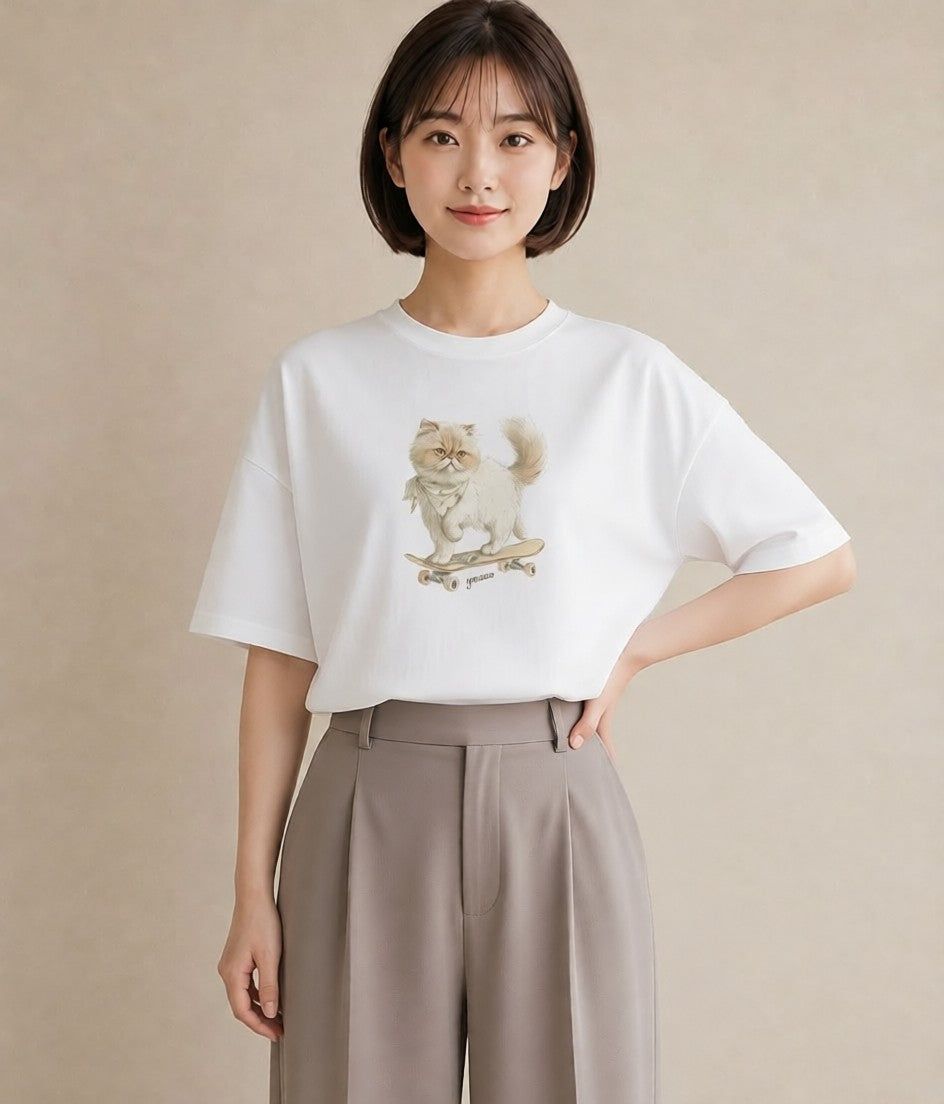Tシャツ レディース ペルシャ 猫 ねこ イラスト 個性的 春服 ミセス 白T YMAZO