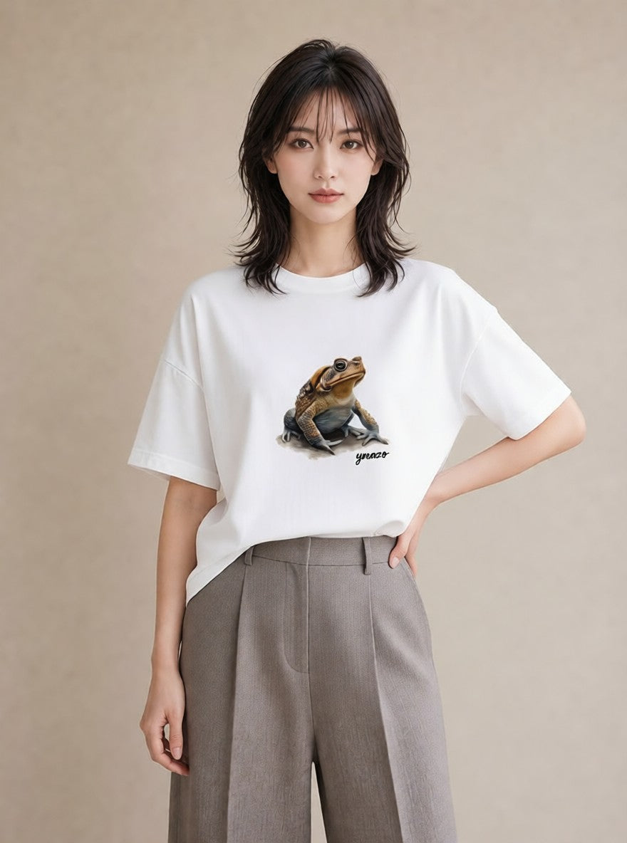 グラフィックTシャツ レディース カエル ペット 動物 イラスト ラフカジュアル 社会人 女性 白T YMAZO
