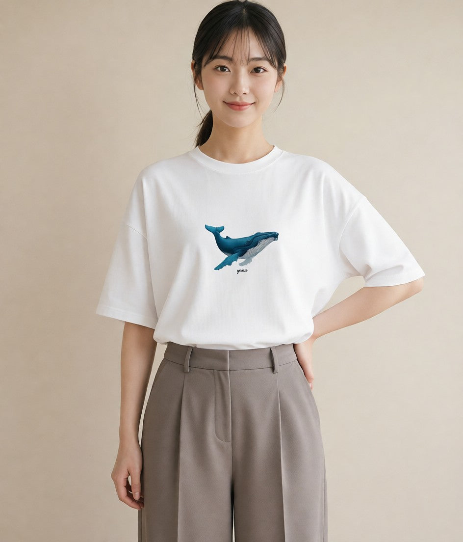 デザインTシャツ レディース クジラ 海の生き物 海 イラスト 淡色 ミセス 春コーデ 白T YMAZO