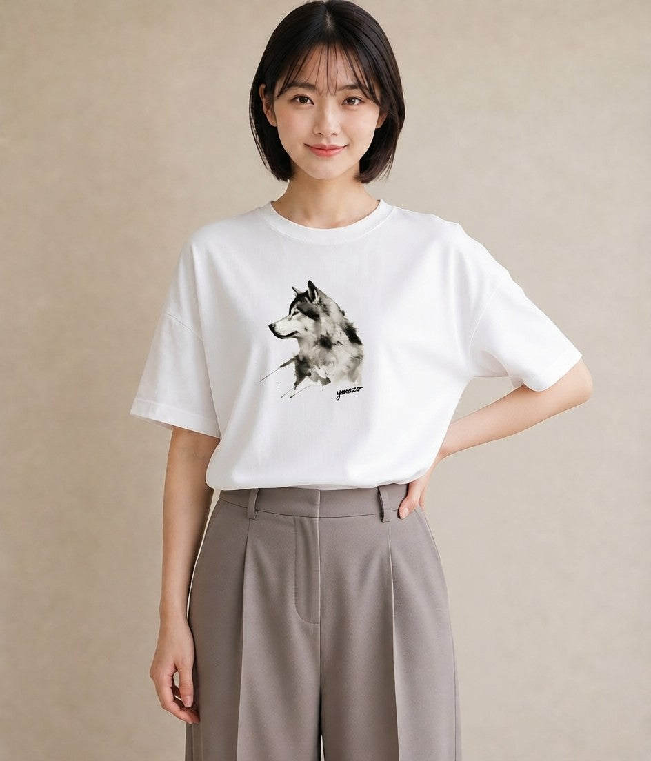 グラフィックTシャツ レディース シベリアンハスキー 犬 いぬ イラスト アート風 在宅 公園 白T YMAZO