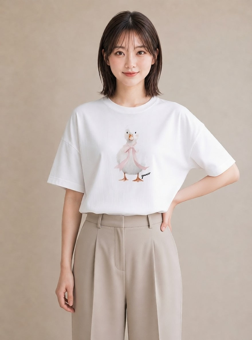 半袖Tシャツ レディース 白文鳥 ペット 動物 イラスト カフェコーデ ホワイトデー 春服 白T YMAZO