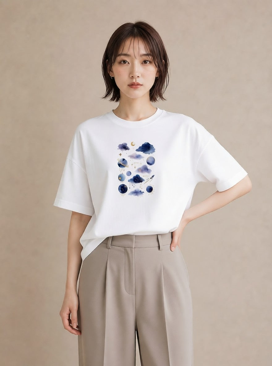 グラフィックTシャツ レディース 水瓶座 星空 宇宙 イラスト レトロ 女性 旅行用 白T YMAZO