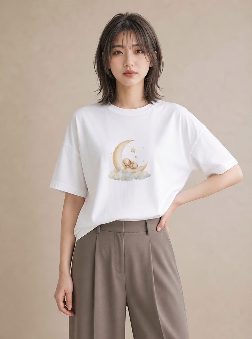 半袖Tシャツ レディース 三日月 星空 宇宙 イラスト 旅行コーデ 送別ギフト 通勤 白T YMAZO