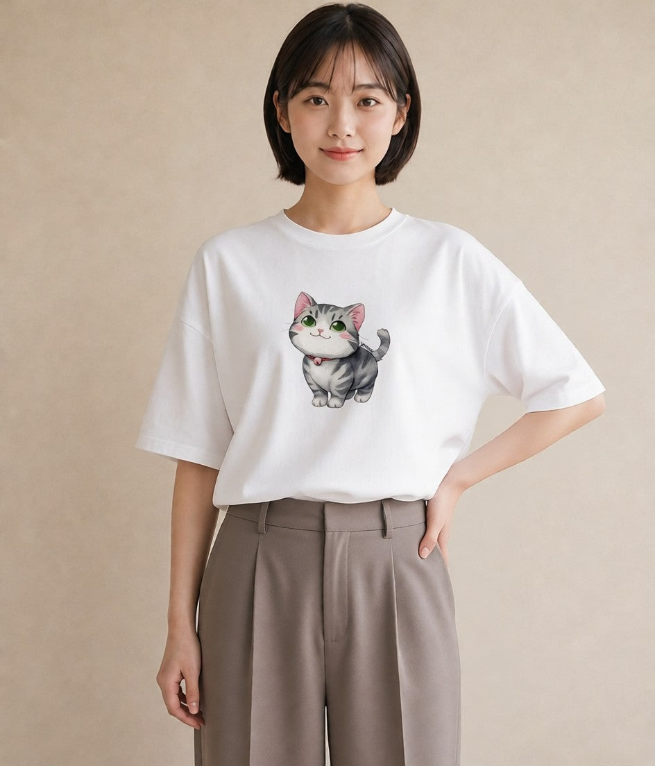 グラフィックTシャツ レディース 愛猫 猫 ねこ イラスト ポップ ラフ レイヤード 白T YMAZO