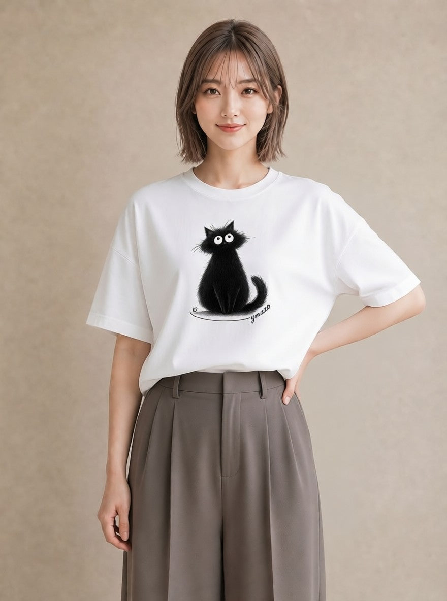 デザインTシャツ レディース 黒猫 猫 ねこ イラスト きれいめカジュアル 自分用 ルームウェア 白T YMAZO